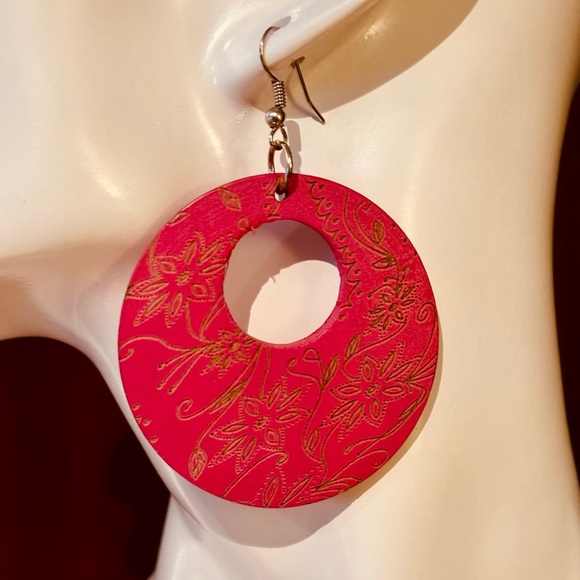 3/$15 - Pink Floral Engraved Wooden Hoop Earrings - Picture 3 of 6